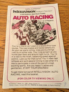 Vintage Intellivision Auto Racing Instruction Manual 1980 Mattel Canada